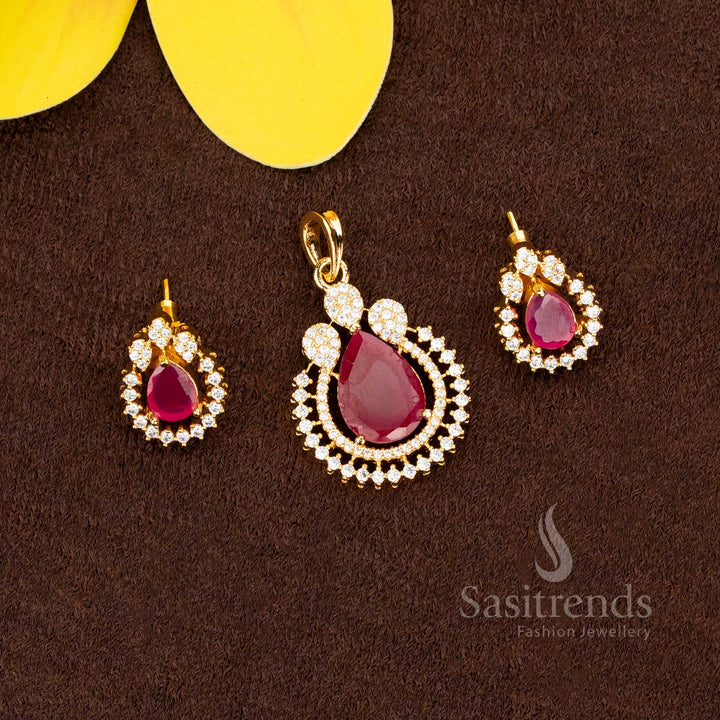 Gorgeous American Diamond micro gold plated white ruby teardrop stone pendant set collection - Sasitrends