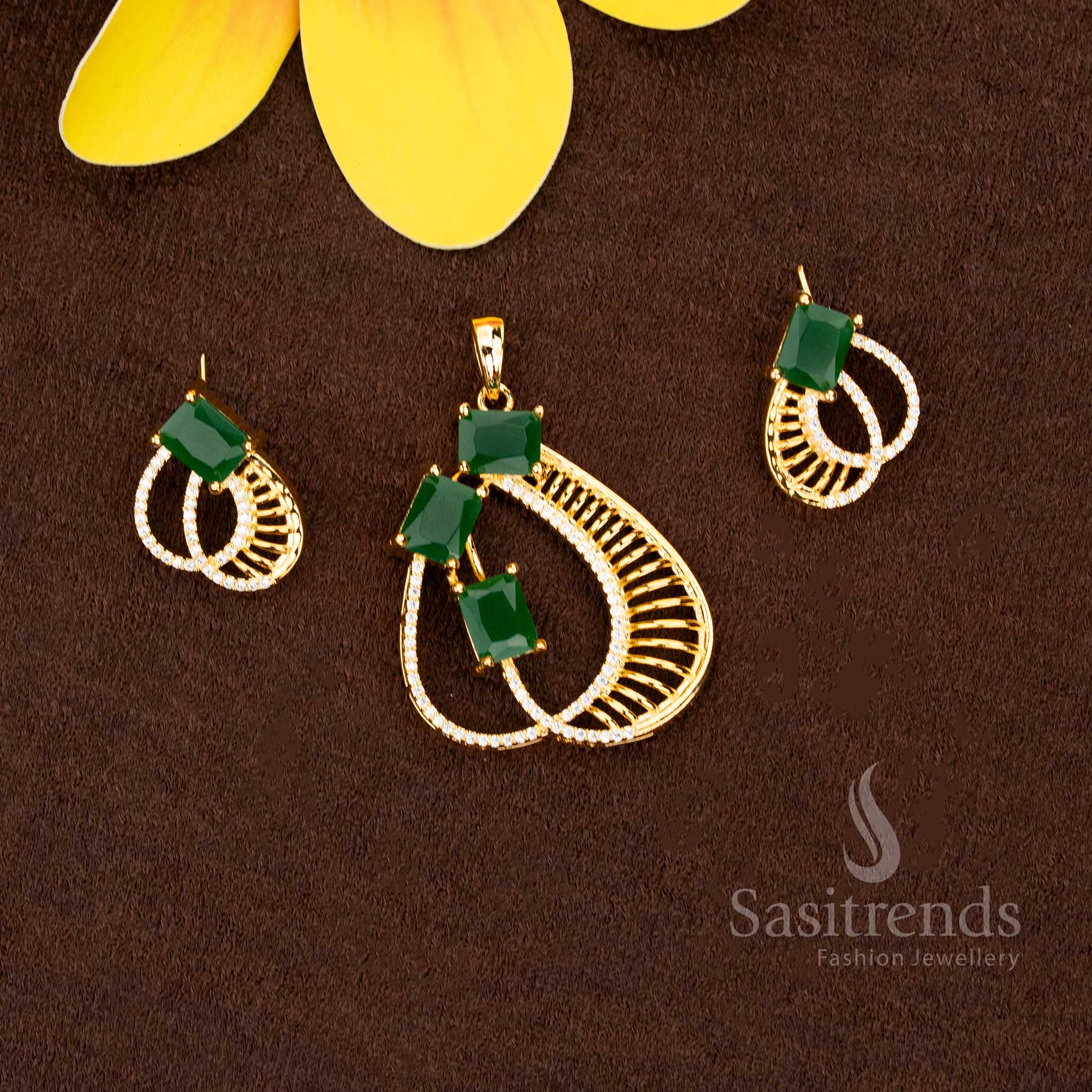 Elegant American Diamond micro gold plated white green rectangular stone pendant set collection - Sasitrends