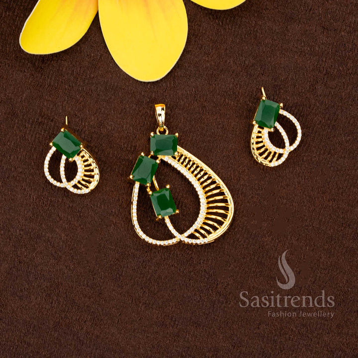 Elegant American Diamond micro gold plated white green rectangular stone pendant set collection - Sasitrends