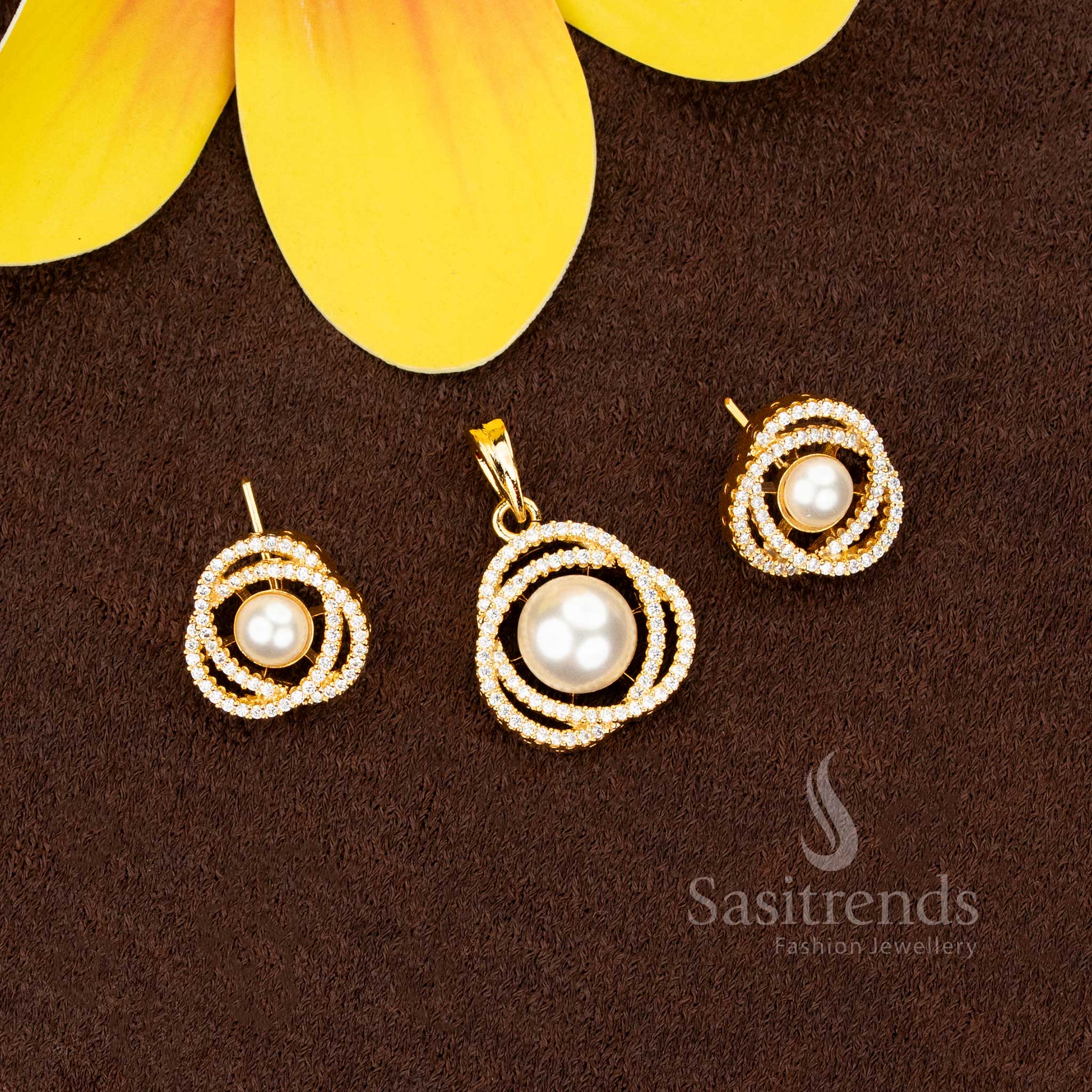 Micro Gold Plated Overlapping Ring AD Pearl Pendant Set for Party Wear - Sasitrends