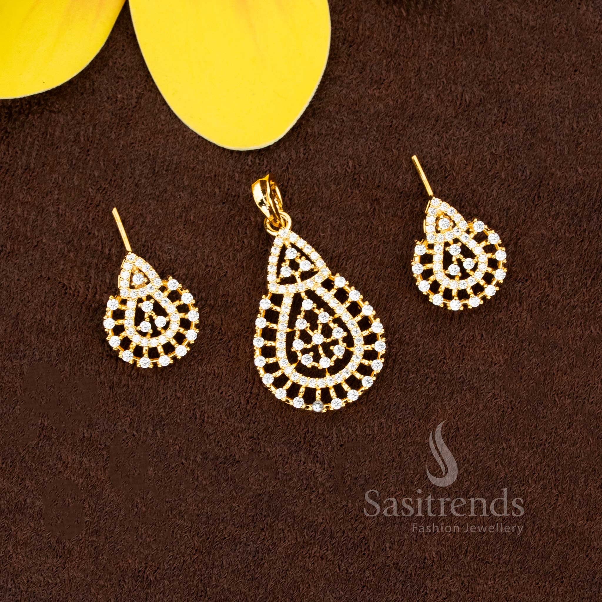 Enchanting Micro Gold Plated American Diamond Teardrop Pendant Set with Openwork Layered Design for Party & Festive Wear