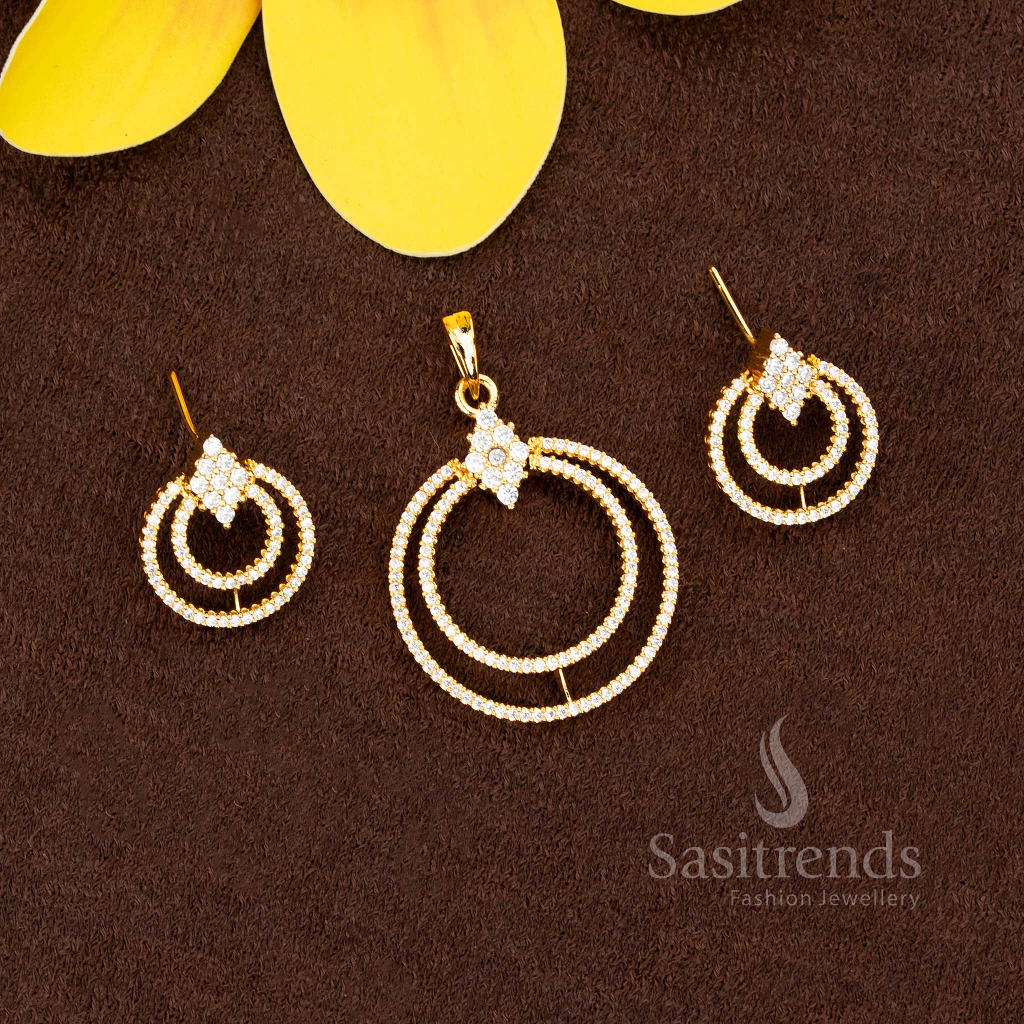 Micro Gold Plated Concentric Halo AD Stone Pendant Set for Women - Sasitrends