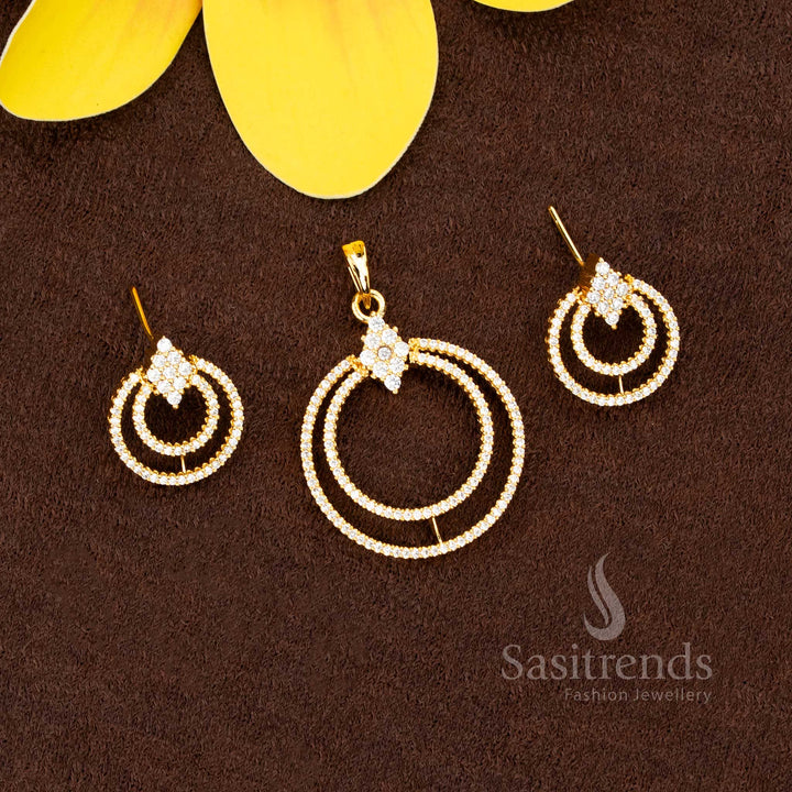 Dazzling Micro Gold Plated Concentric Circular Halo AD Stone Pendant Set with Matching Stud - Sasitrends