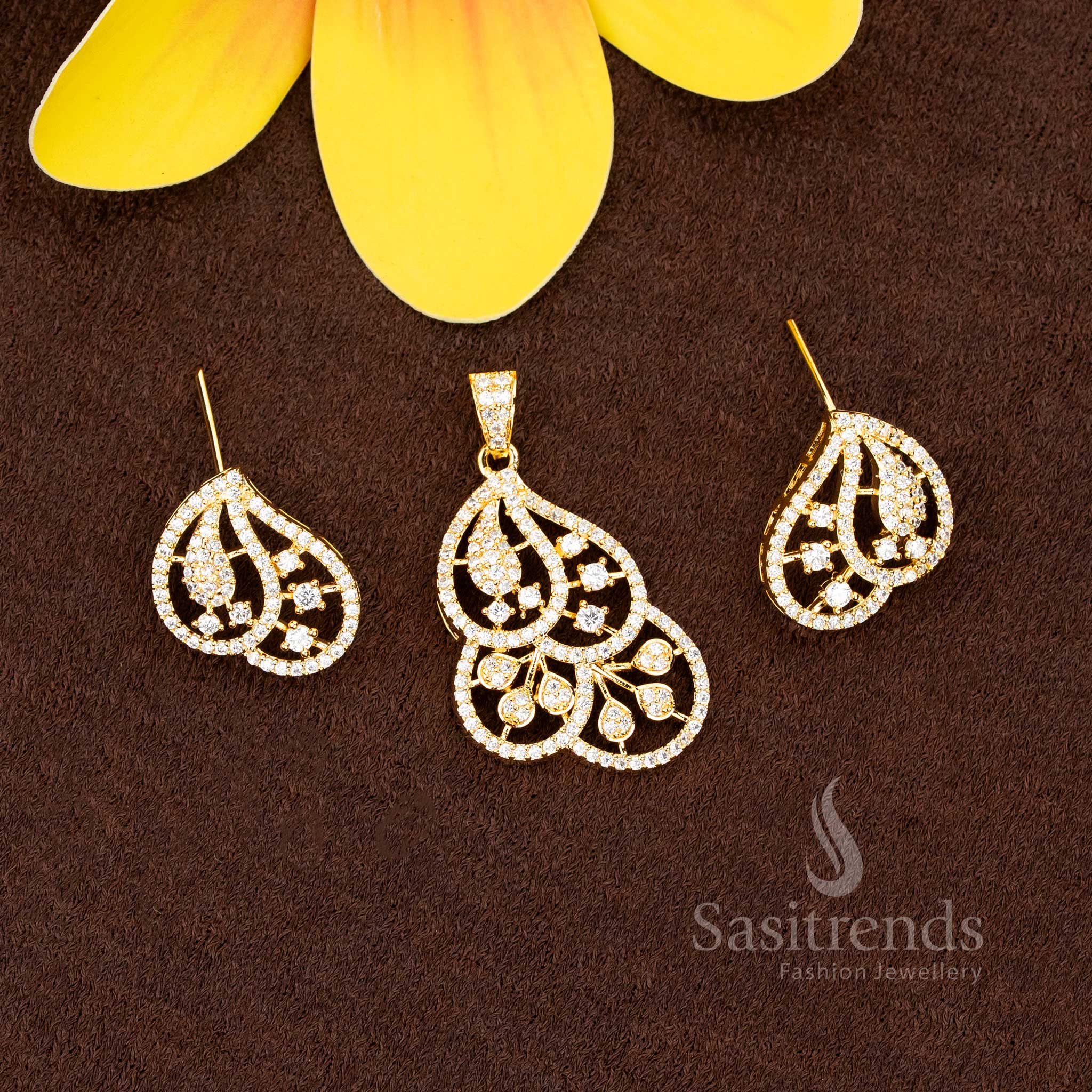 Gorgeous Micro Gold Plated American Diamond Paisley Pendant Set with Layered Openwork Motif Design for Festive & Occasion Wear