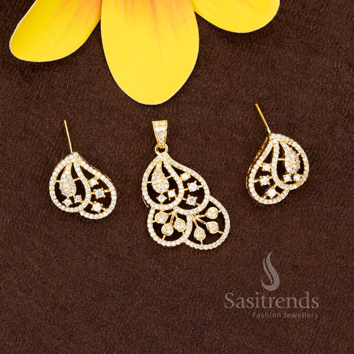 Gorgeous Micro Gold Plated American Diamond Paisley Pendant Set with Layered Openwork Motif Design for Festive & Occasion Wear