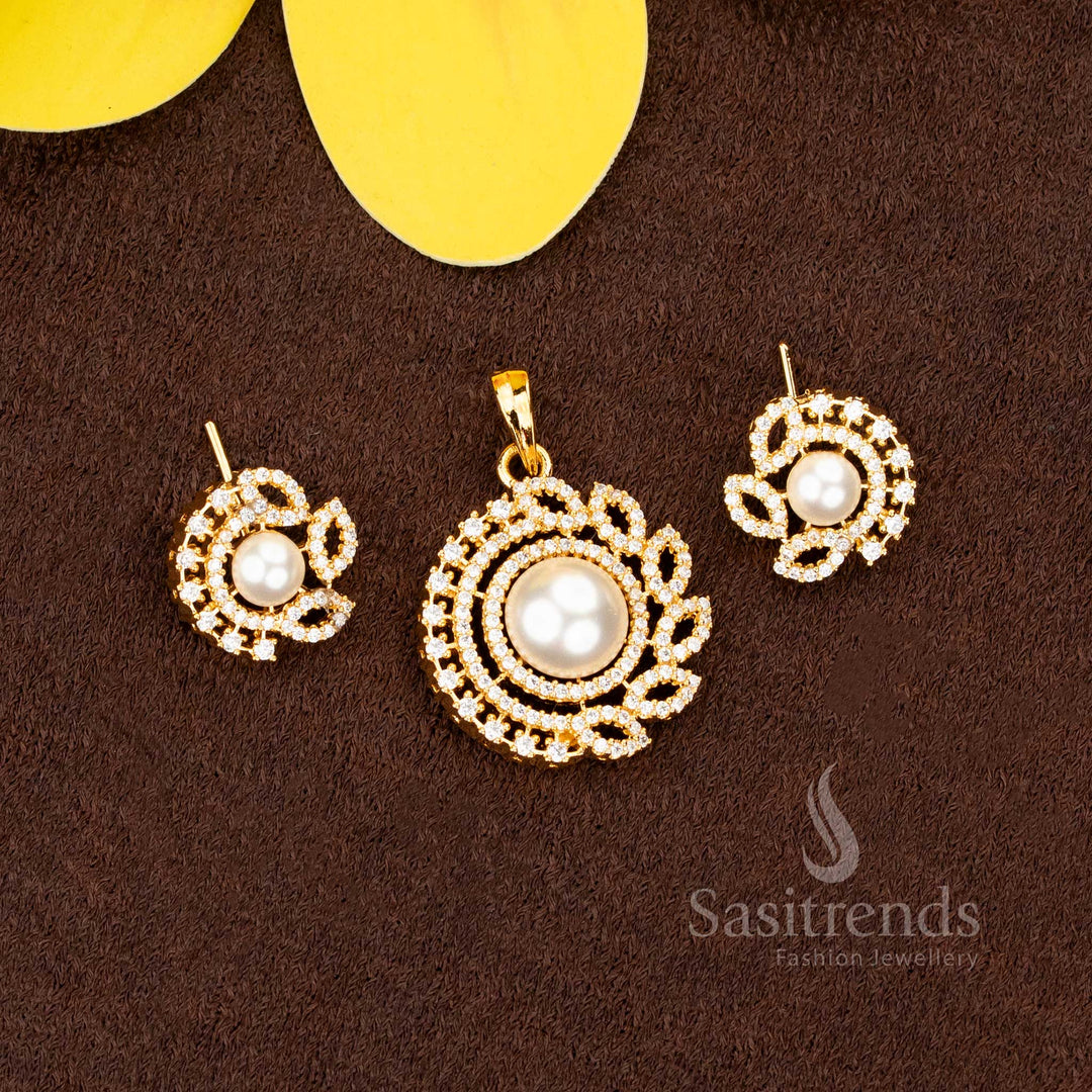 Micro Gold Plated Floral Leaf AD Pearl Pendant Set for Party Wear - Sasitrends