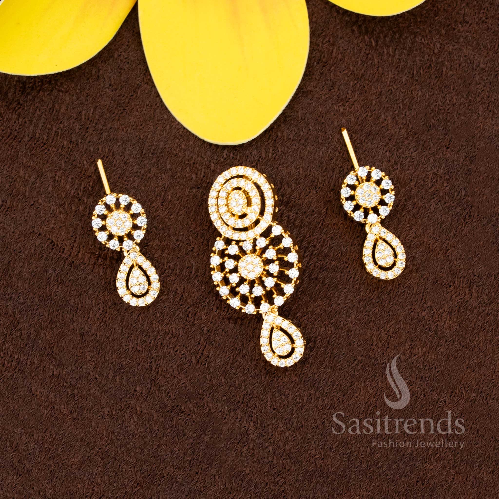 Party wear American Diamond micro gold plated white pendant set with floral designs - Sasitrends
