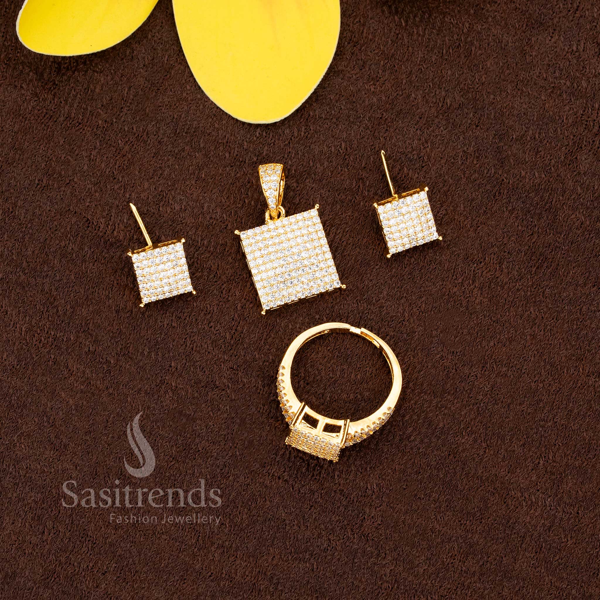 Elegant Micro Gold Plated American Diamond Square Pendant Set with Matching Square Stud Earrings & Ring