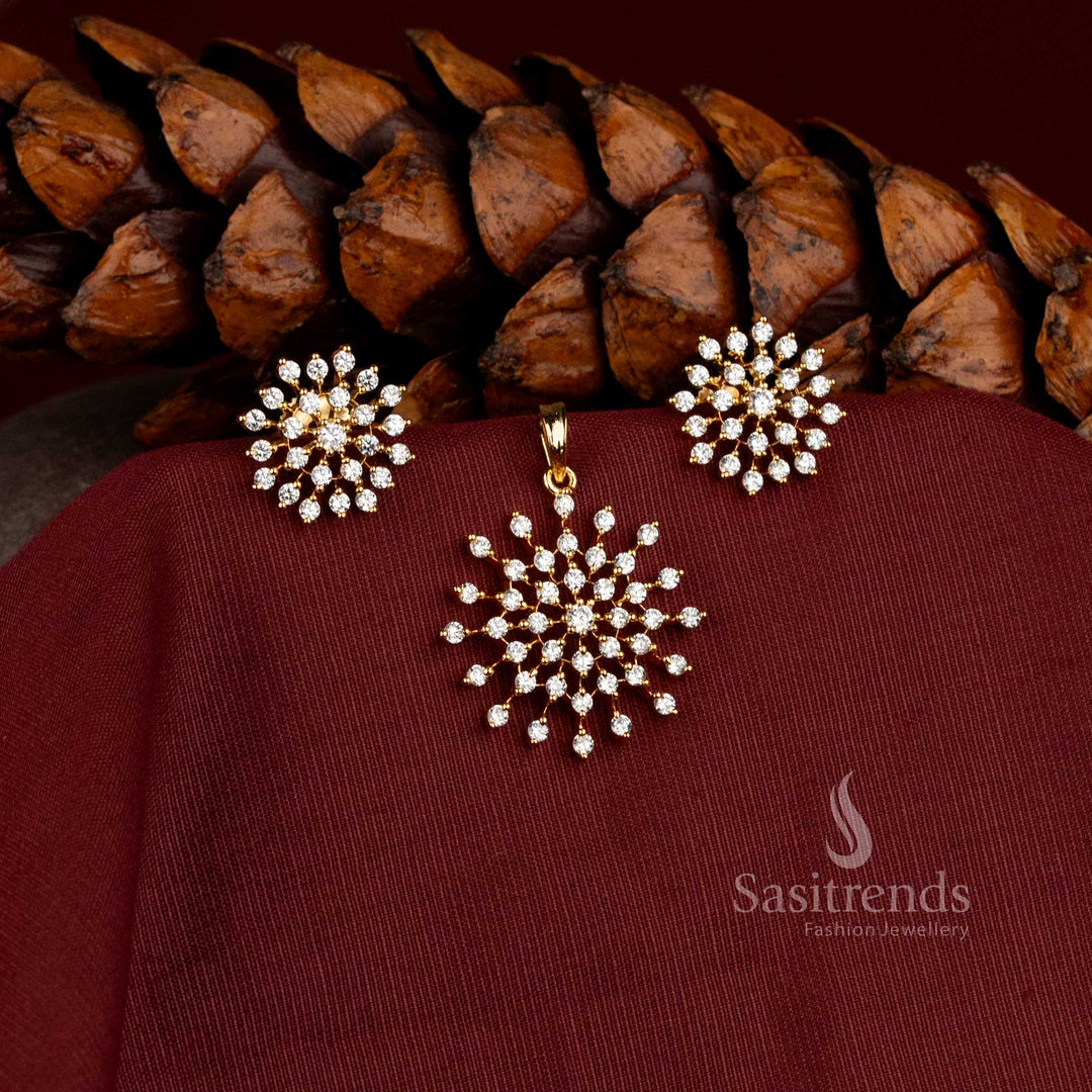 Micro Gold Plated Snowflake Sunburst AD Stone Pendant Set with Matching Stud Earrings - Sasitrends