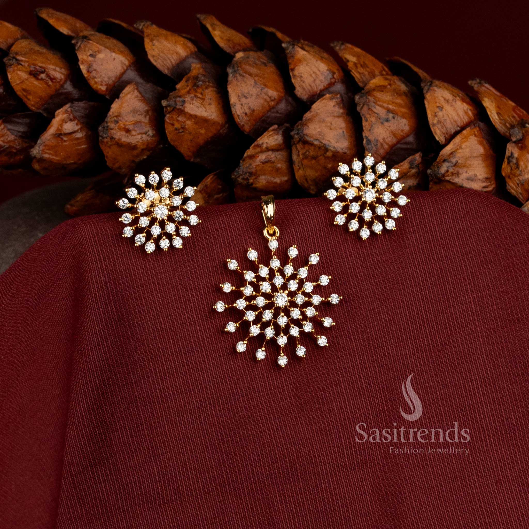Micro Gold Plated Snowflake Sunburst AD Stone Pendant Set with Matching Stud Earrings - Sasitrends