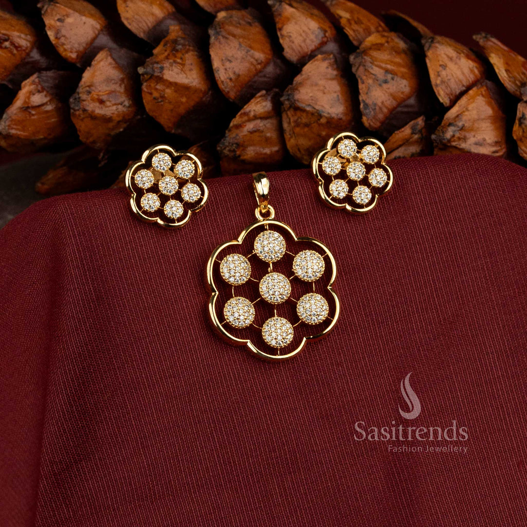 Stunning  Micro Gold Plated Scalloped Floral AD Pendant with Matching Stud Earrings - Sasitrends