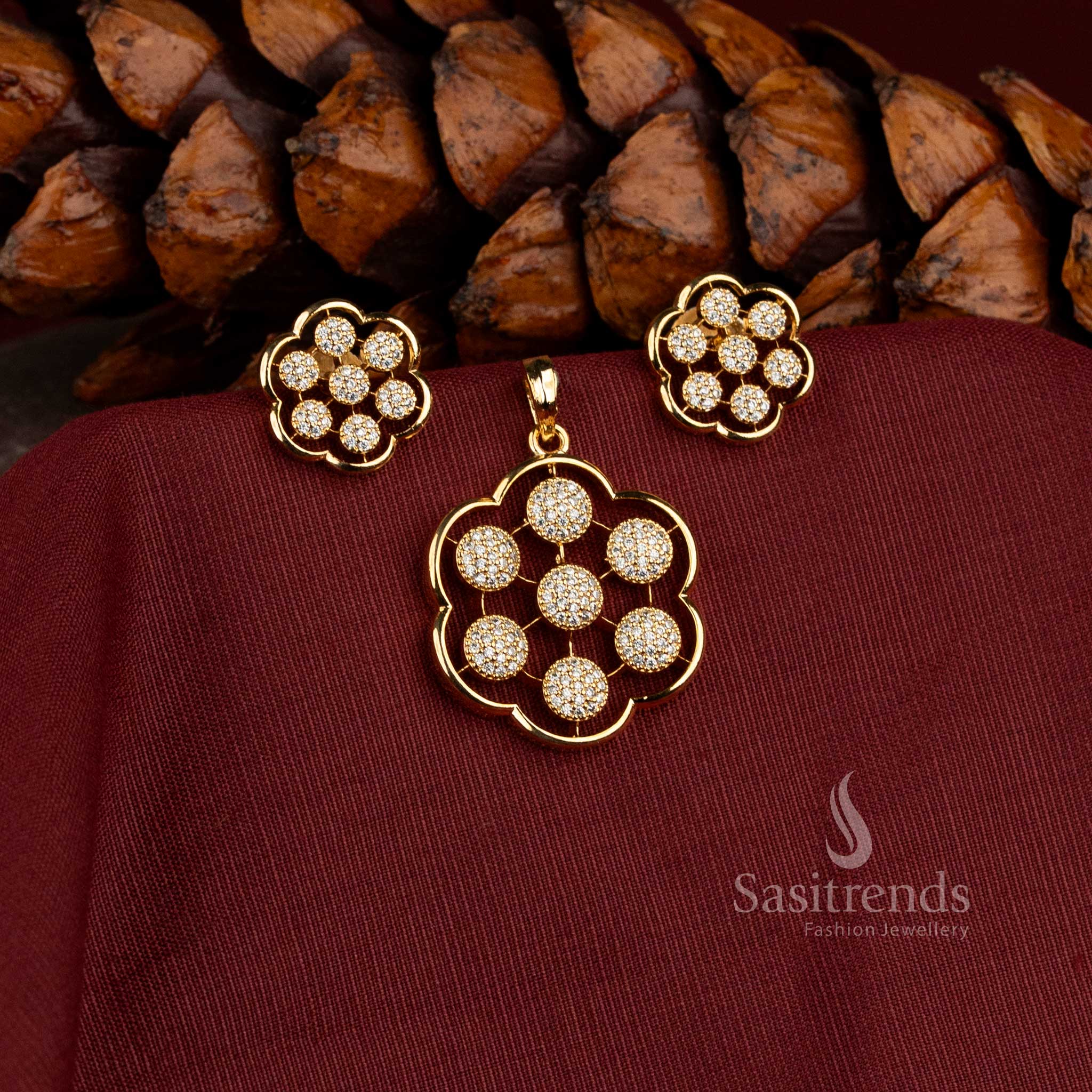 Stunning  Micro Gold Plated Scalloped Floral AD Pendant with Matching Stud Earrings - Sasitrends