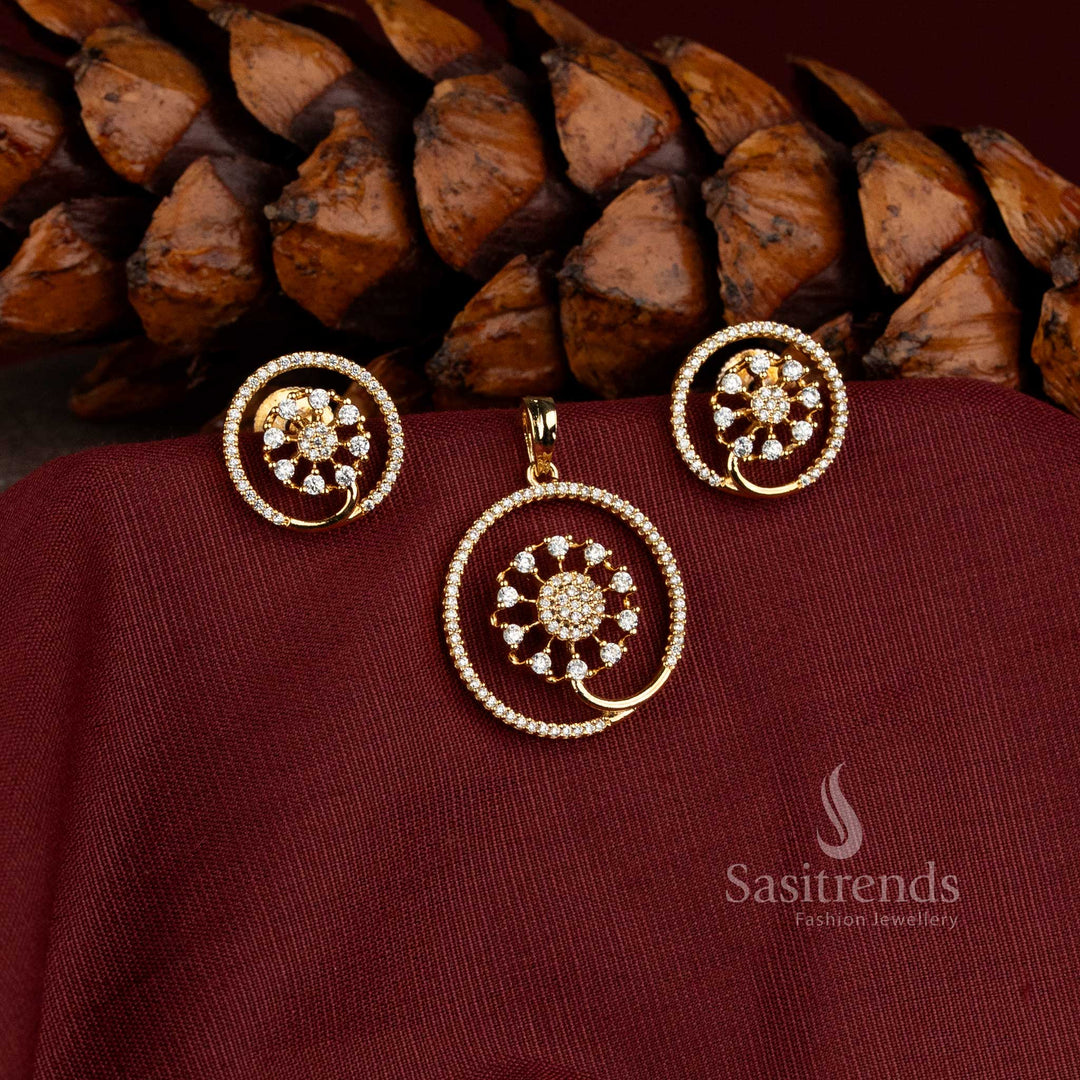 Stunning Micro Gold Plated Floral AD Pendant with Matching Circular Stud Earrings - Sasitrends
