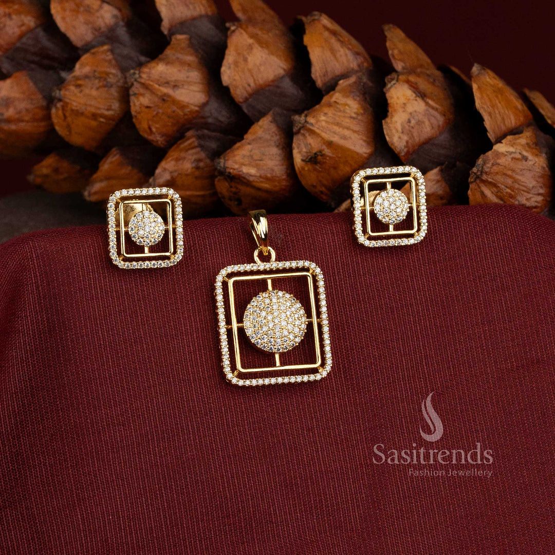 Stunning Micro Gold Plated Square AD Stone Pendant with Matching Stud Earrings - Sasitrends