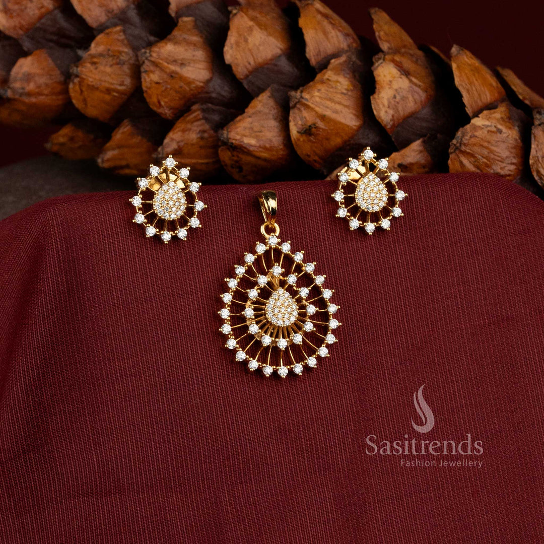 Radiant Micro Gold Plated Pendant with Matching AD Stone Floral Stud Earrings - Sasitrends