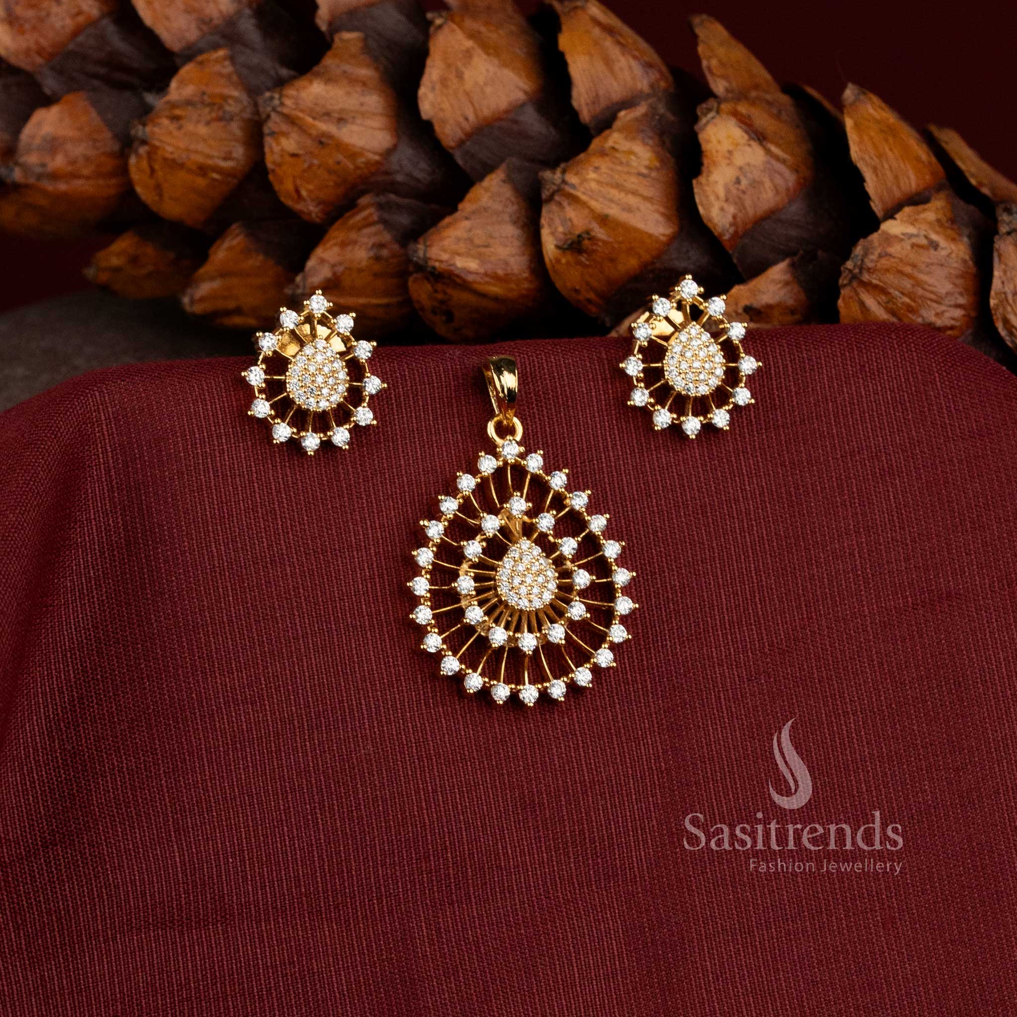 Radiant Micro Gold Plated Pendant with Matching AD Stone Floral Stud Earrings - Sasitrends