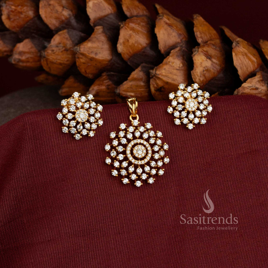 Micro Gold Plated Circular AD Stone Pendant with Matching Floral Stud Earrings - Sasitrends