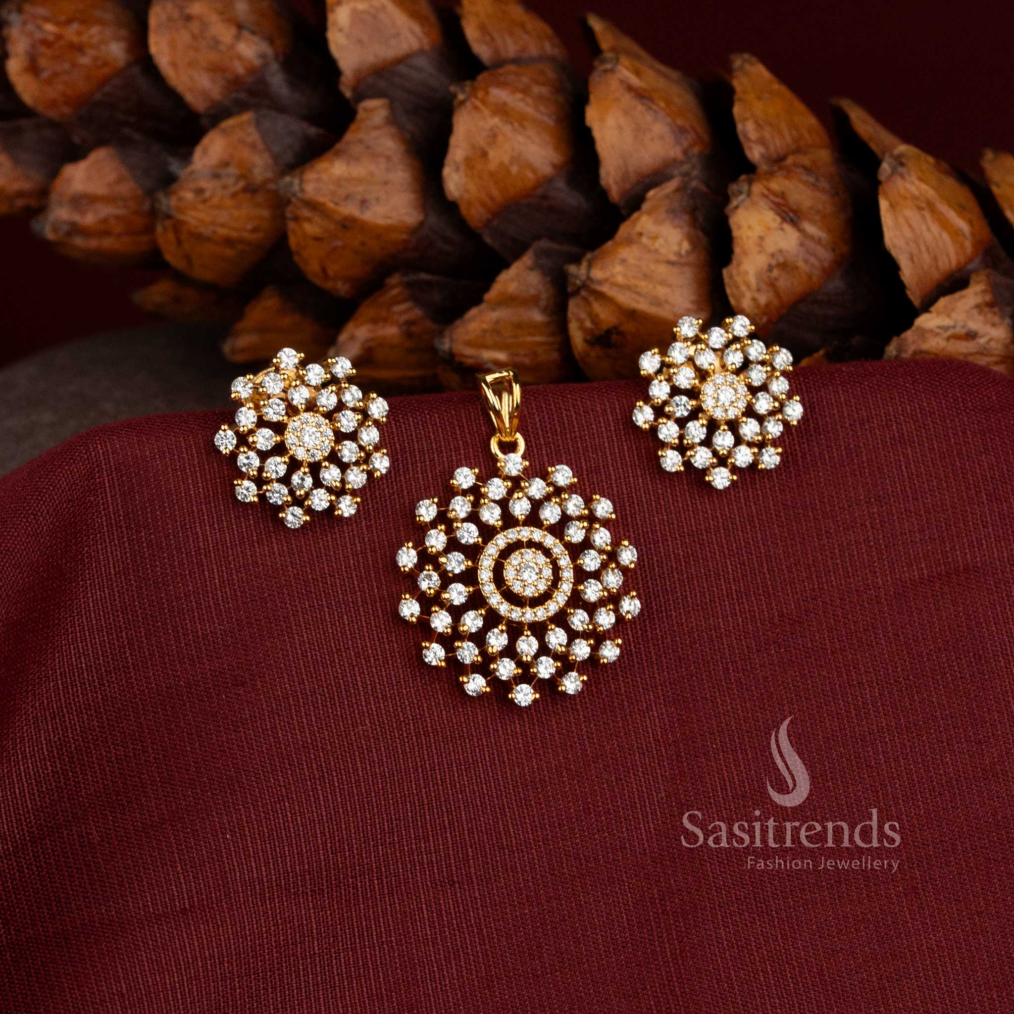 Micro Gold Plated Circular AD Stone Pendant with Matching Floral Stud Earrings - Sasitrends