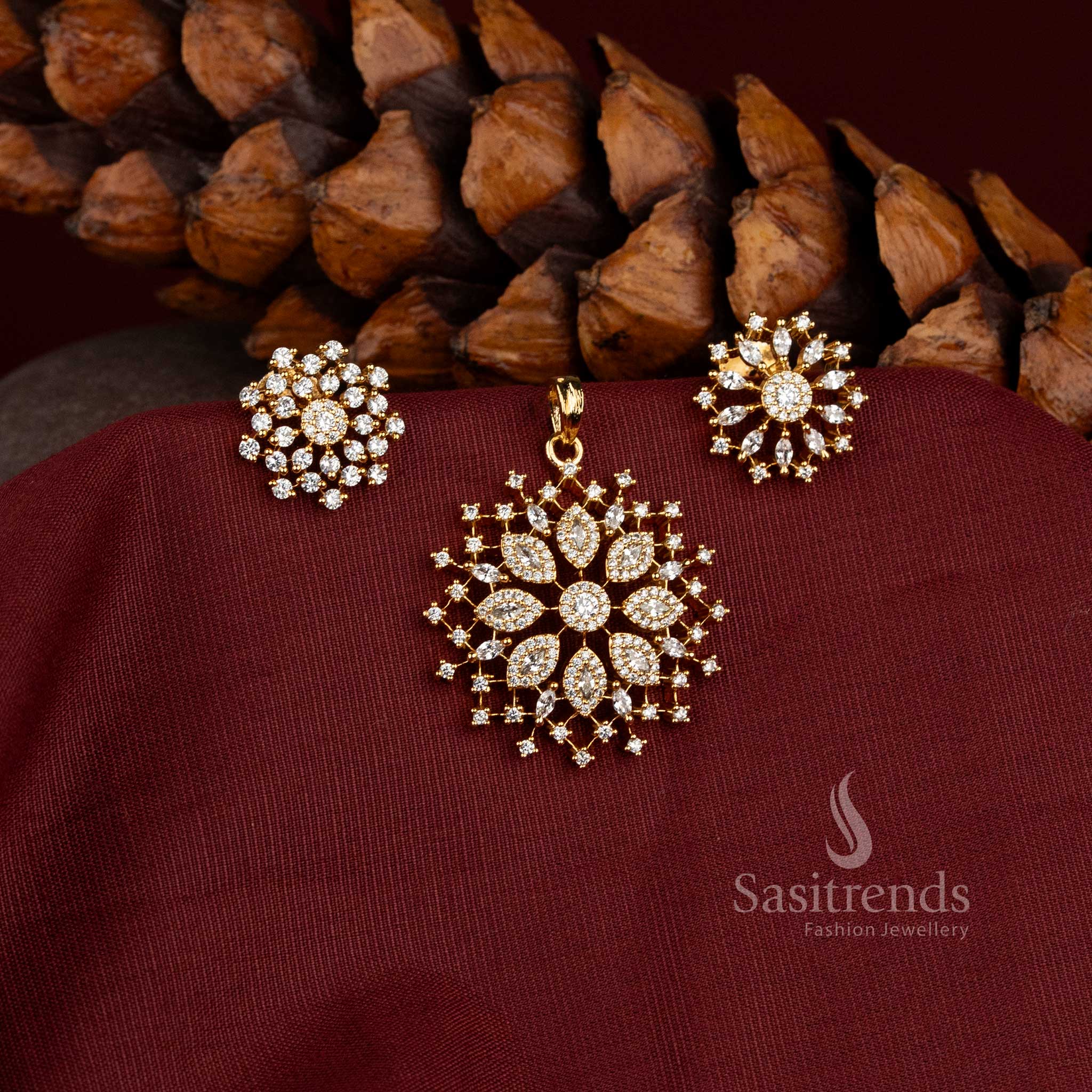 Stunning Micro Gold Plated Floral Pendant with Matching AD Stone Stud Earrings - Sasitrends