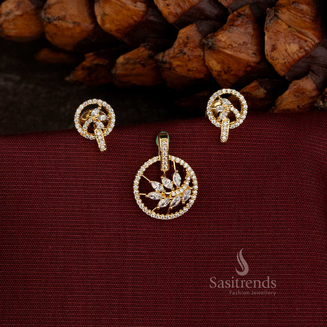Elegant Circular American Diamond Pendant with Sparkling Stone Border and Matching Stud Drop Earrings - Sasitrends