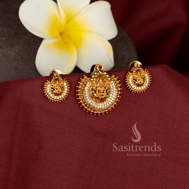 Temple Matte Gold Plated Sparkling Stone Lakshmi Medallion Pendant Set for women - Sasitrends