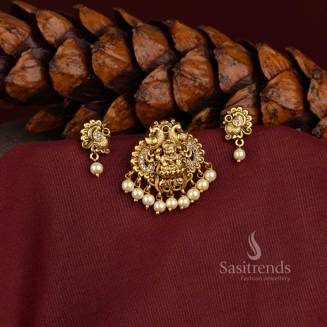 Premium Temple Matte Gold Plated Goddess Lakshmi Pendant Set with Matching Peacock Earrings - Sasitrends