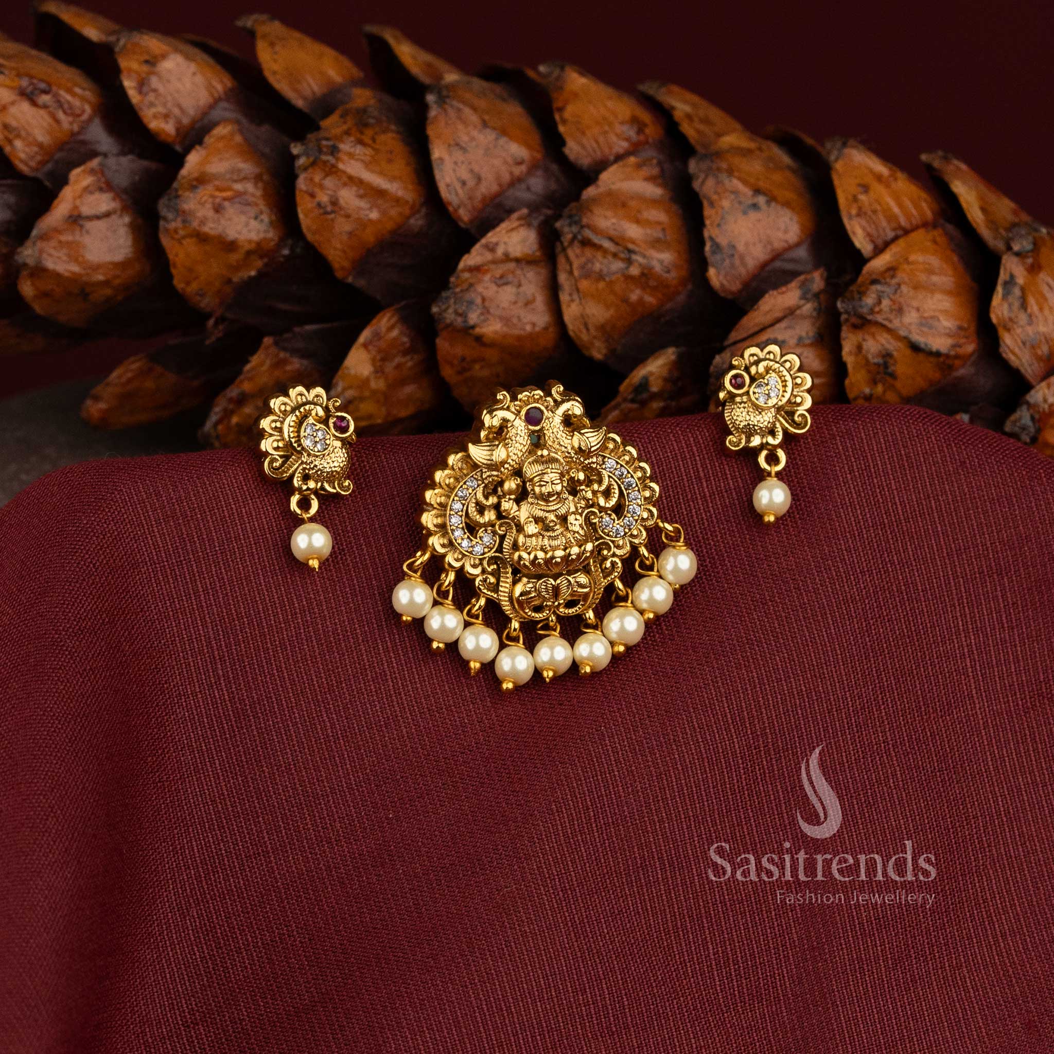 Premium Temple Matte Gold Plated Goddess Lakshmi Pendant Set with Matching Peacock Earrings - Sasitrends
