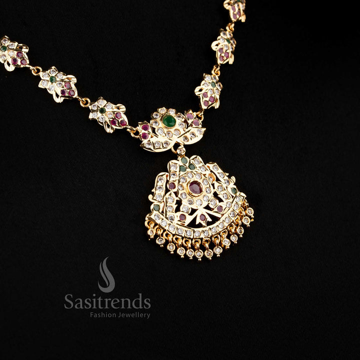 Traditional floral and leaf design structure of the Impon Attigai one gram Micro Gold Plated multi AD Stone Necklace set - Sasitrends