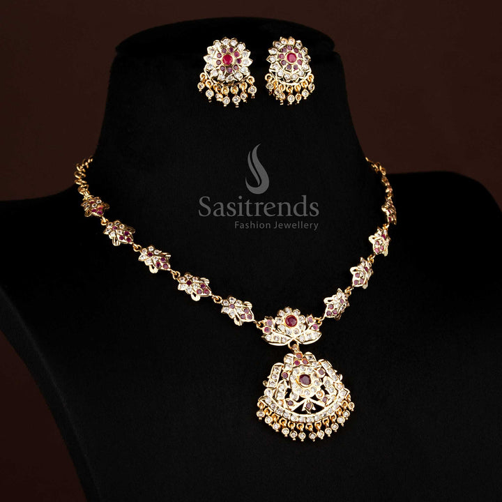 Exquisite Impon Attigai Micro Gold Plated AD Stone Floral & Leaf Design Necklace Jewellery Set | Looks Like Real 24K Gold