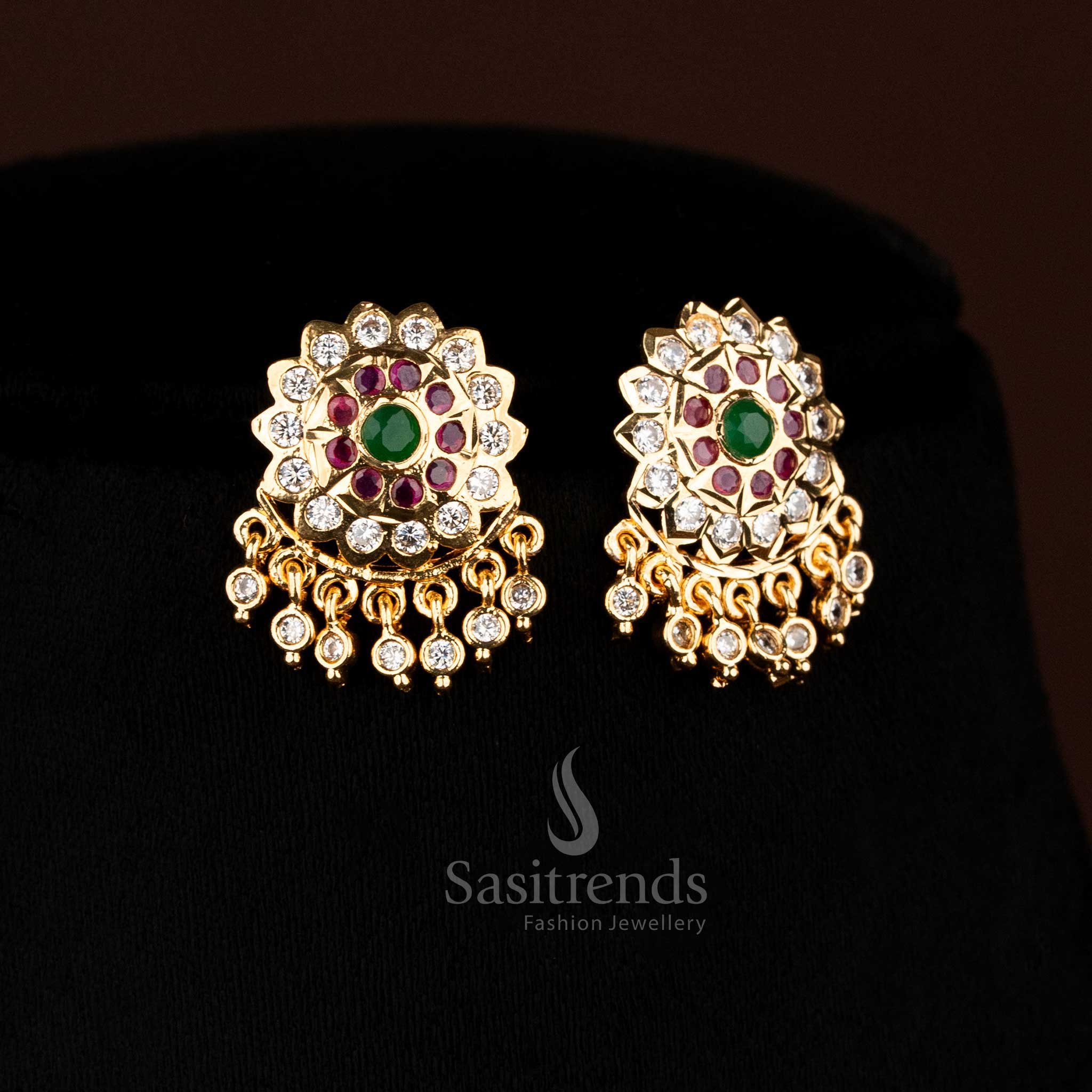 Elegant Intricate floral and leaf design structure of the Impon Attigai Micro Gold Plated multi AD Stone Necklace set with earrings - Sasitrends