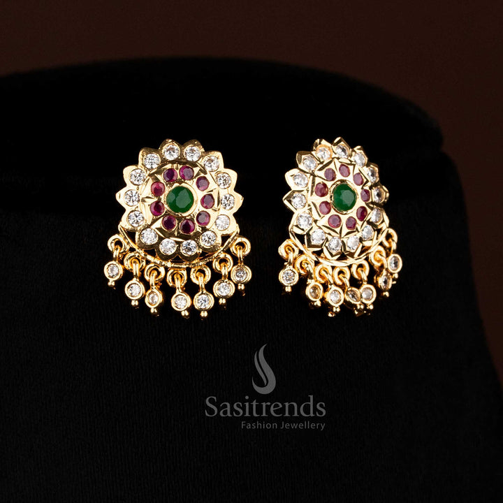 Elegant Intricate floral and leaf design structure of the Impon Attigai Micro Gold Plated multi AD Stone Necklace set with earrings - Sasitrends