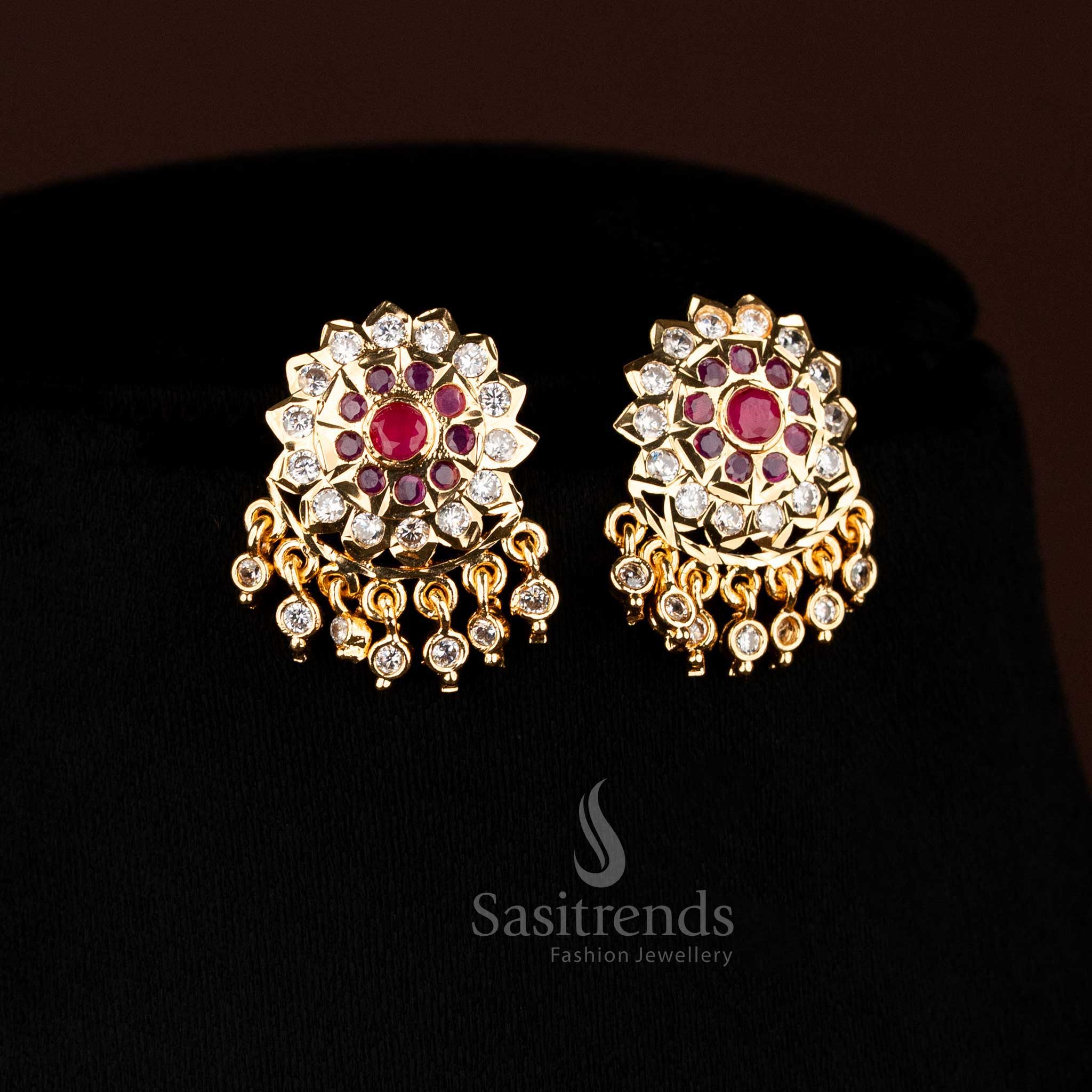 guaranteed floral and leaf design structure of the Impon Attigai 24K Micro Gold Plated white ruby AD Stone Necklace set - Sasitrends