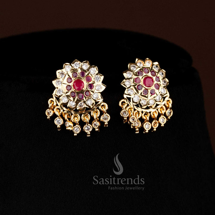 guaranteed floral and leaf design structure of the Impon Attigai 24K Micro Gold Plated white ruby AD Stone Necklace set - Sasitrends