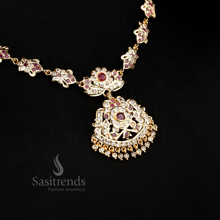Traditional floral and leaf design structure of the Impon Attigai one gram Micro Gold Plated white ruby AD Stone Necklace set - Sasitrends