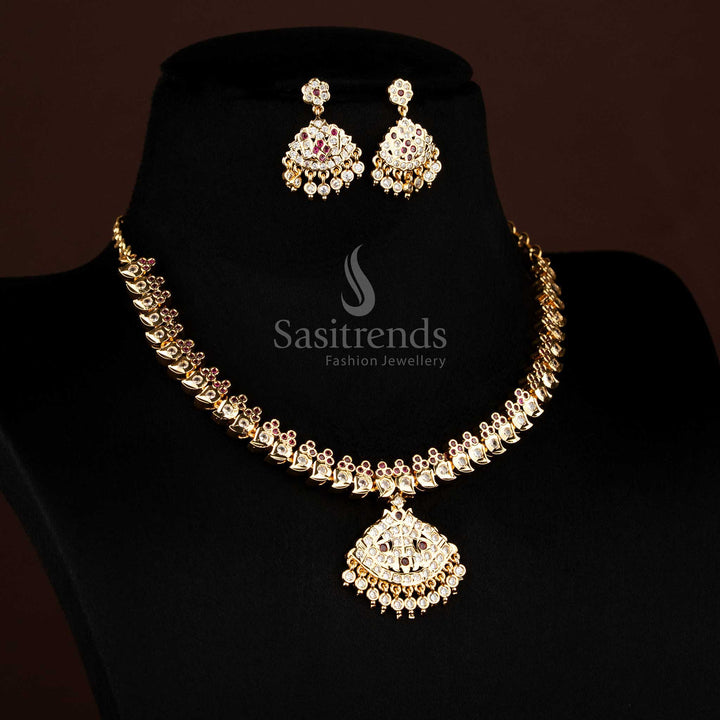 Guaranteed Impon Attigai Micro Gold Plated AD Stone Necklace with flower Mango design chain and large triangular pendant structure - Sasitrends