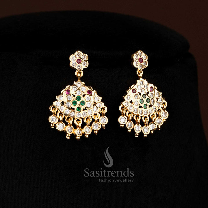 Traditional Impon Attigai Micro Gold Plated multi AD Stone Necklace with flower Mango design chain and large triangular pendant structure - Sasitrends