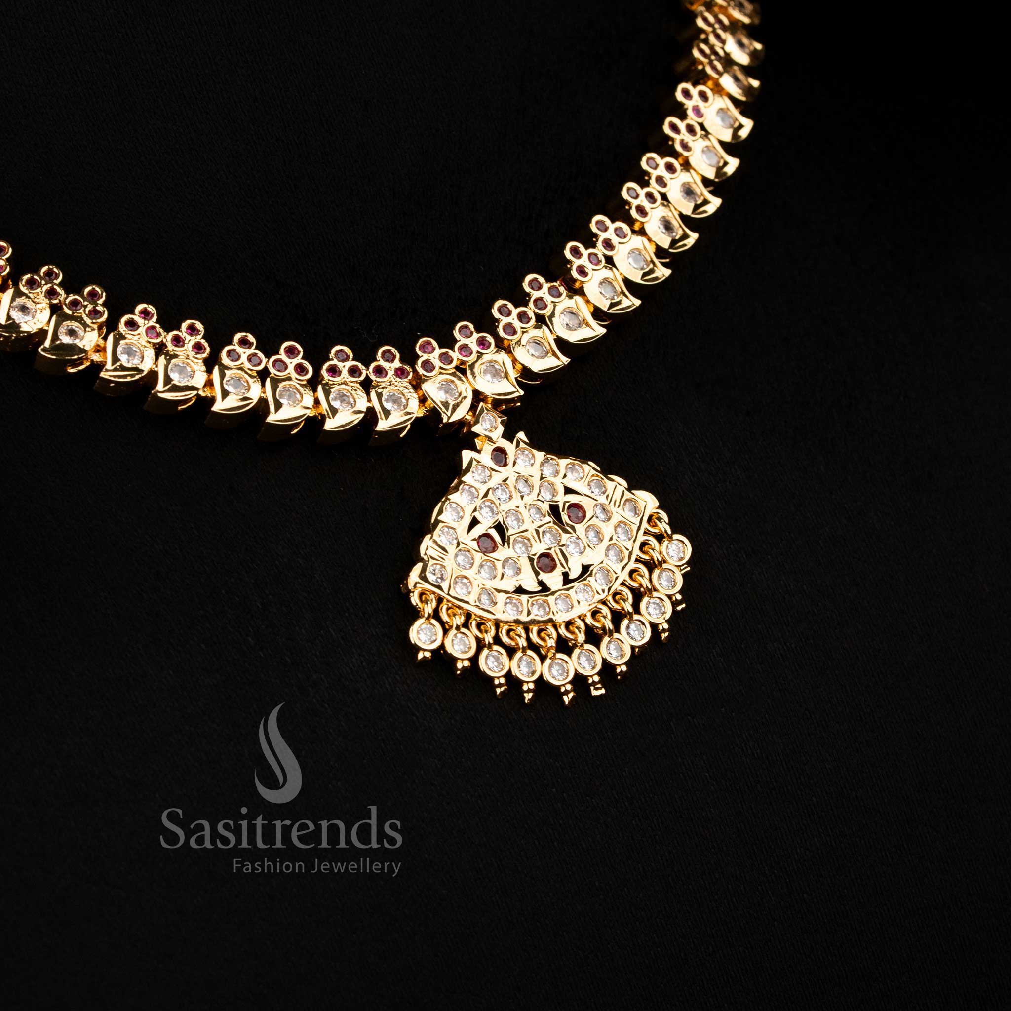 Traditional Impon Attigai one gram  Micro Gold Plated white ruby AD Stone Necklace with flower Mango design chain and large triangular pendant structure - Sasitrends