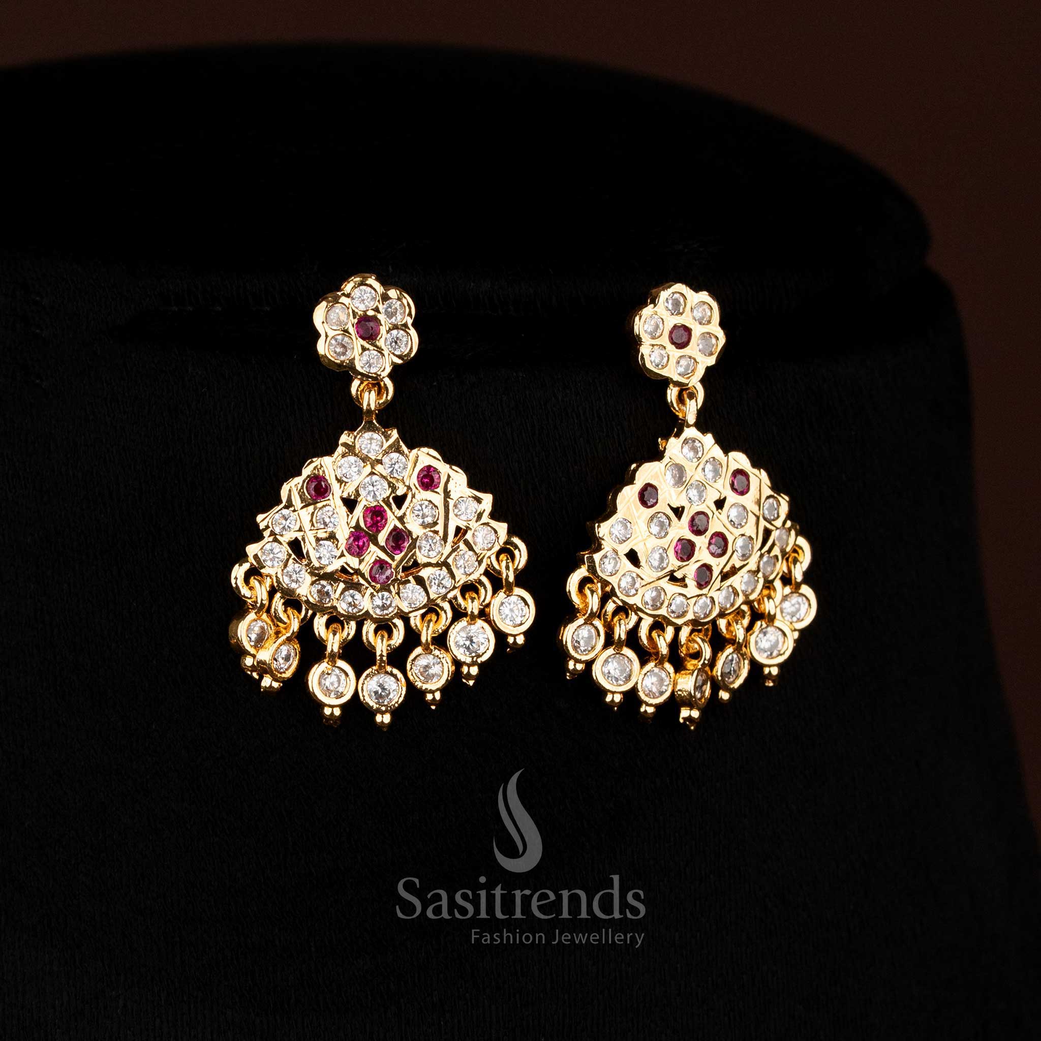 Traditional Impon Attigai Micro Gold Plated white ruby AD Stone Necklace with flower Mango design chain and large triangular pendant structure , 24K gold plated - Sasitrends