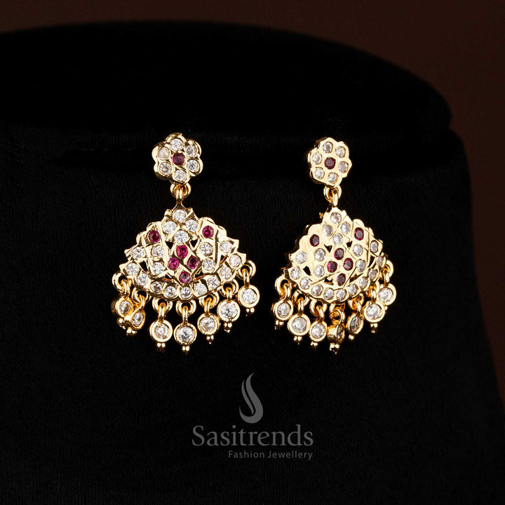Traditional Impon Attigai Micro Gold Plated white ruby AD Stone Necklace with flower Mango design chain and large triangular pendant structure , 24K gold plated - Sasitrends
