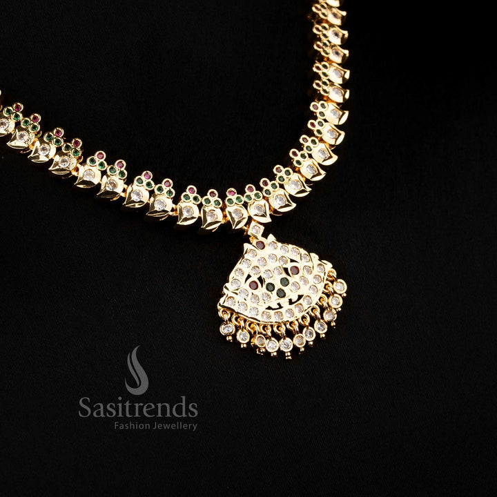 guaranteed Impon Attigai Micro Gold Plated multi AD Stone Necklace with flower Mango design chain and large triangular pendant structure , look like real gold - Sasitrends