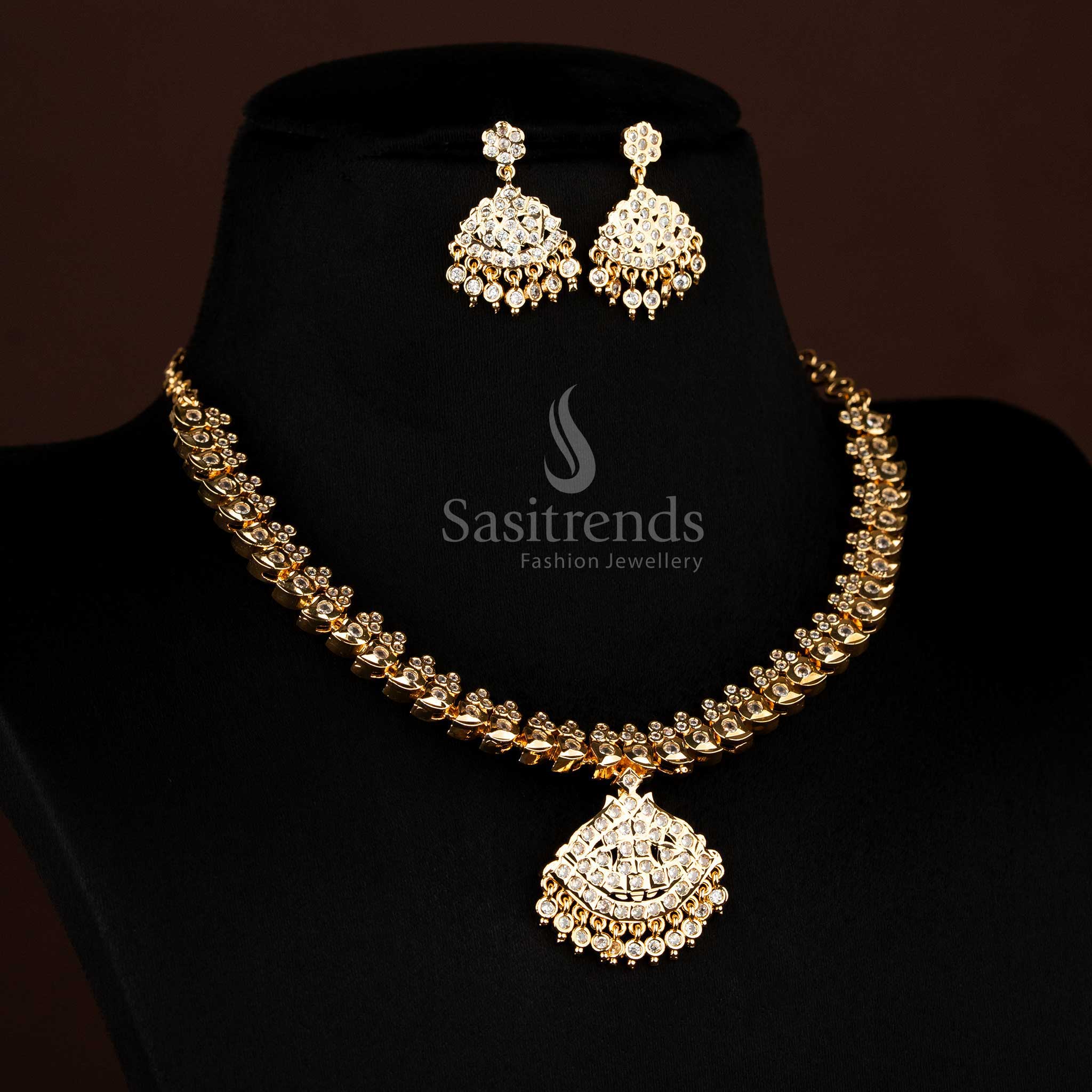 Traditional Impon Attigai Micro Gold Plated white AD Stone Necklace with flower Mango design chain and large triangular pendant structure - Sasitrends