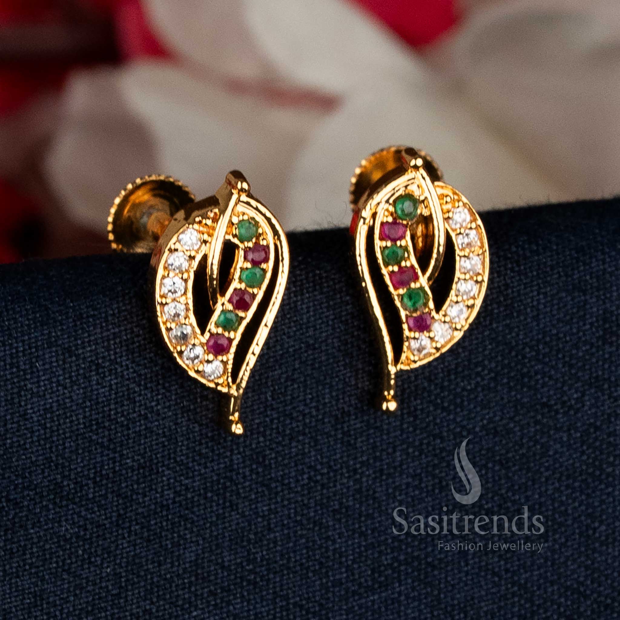 stunning one gram Micro gold plated multi AD stone leaf stud earrings, look like real gold - Sasitrends