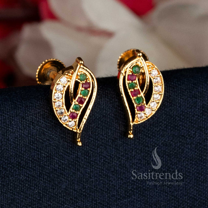 stunning one gram Micro gold plated multi AD stone leaf stud earrings, look like real gold - Sasitrends