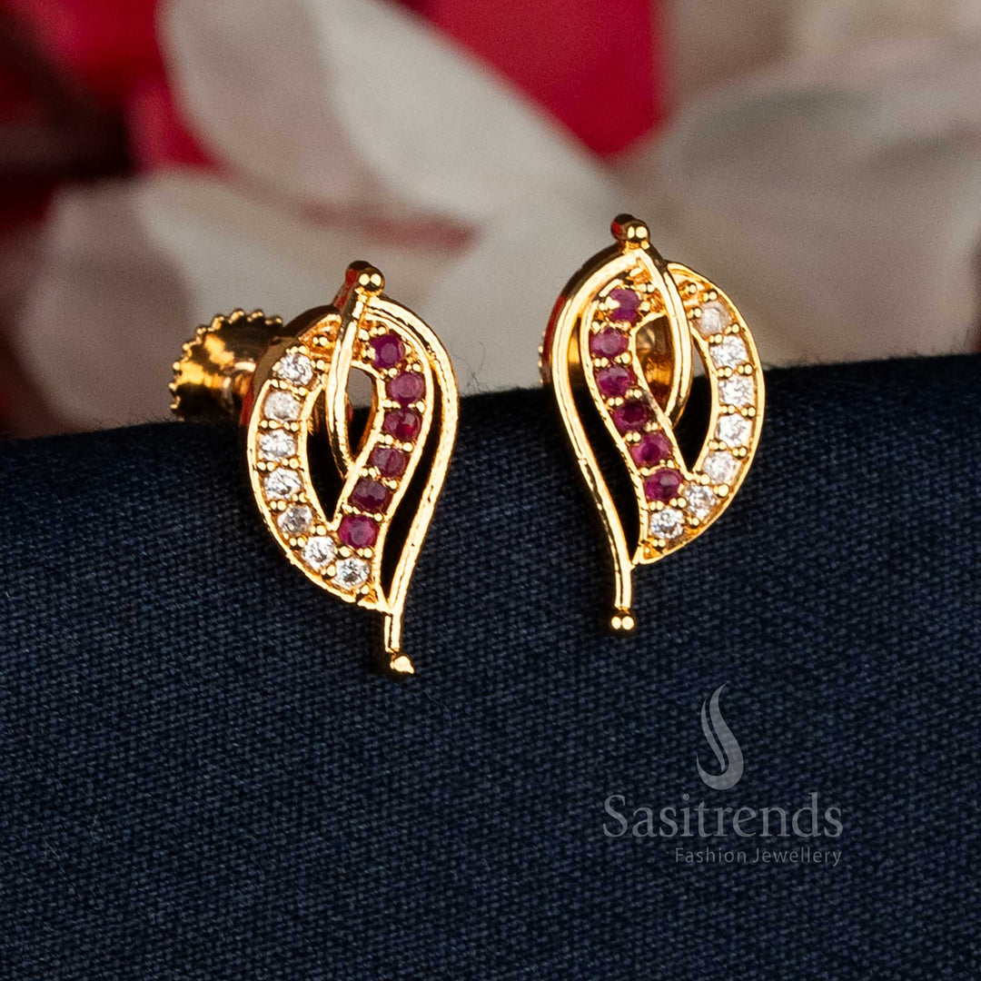 Guaranteed 24K Micro gold plated  white ruby AD stone leaf stud earrings, look like real gold - Sasitrends