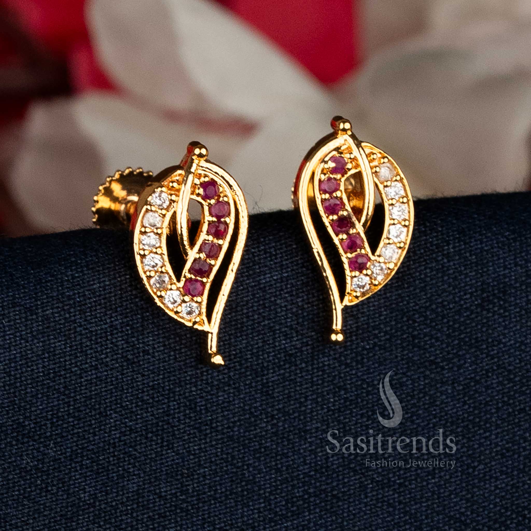 Guaranteed 24K Micro gold plated  white ruby AD stone leaf stud earrings, look like real gold - Sasitrends