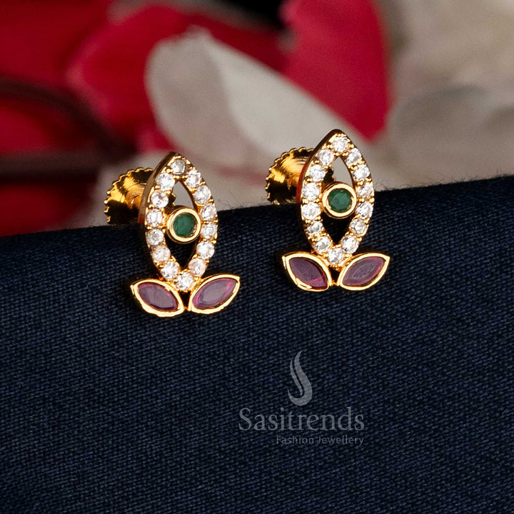 Gorgeous Micro Gold Plated AD Leaf-Shaped Studs with Marquise and Round Stones
