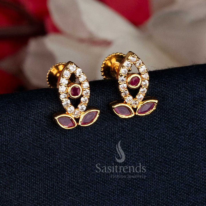 Stunning Micro gold plated white ruby AD leaf-shaped marquoise round stone stud earrings - Sasitrends