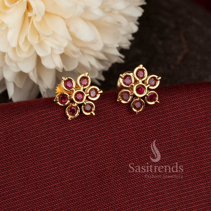 Guaranteed Micro Gold Plated ruby AD Seven-Stone Flower Cluster Stud Earrings - Sasitrends 