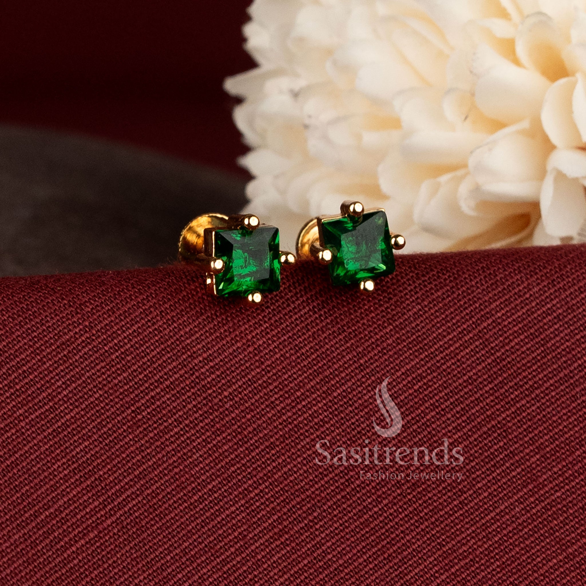 Radiant square stone micro gold plated stud earrings with elegant geometric design and screw-back closure - Sasitrends.
