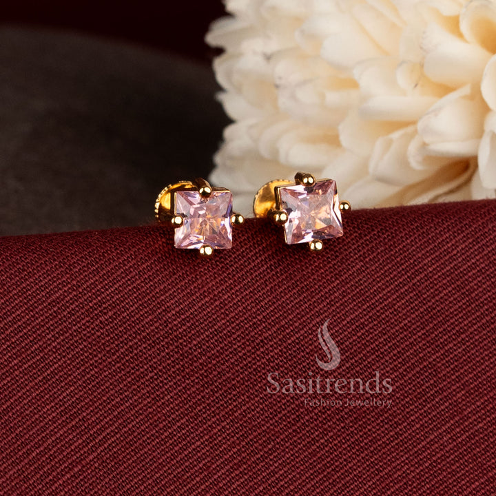 Radiant square stone micro gold plated stud earrings with elegant geometric design and screw-back closure - Sasitrends.